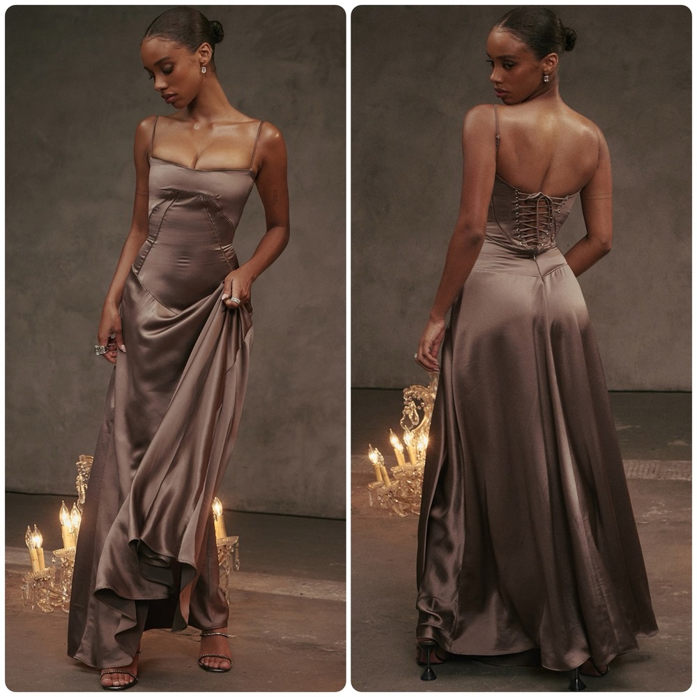 NWT House of CB Womens Anabella Smoke Pebble Grey Satin Corset Maxi Dress Size M